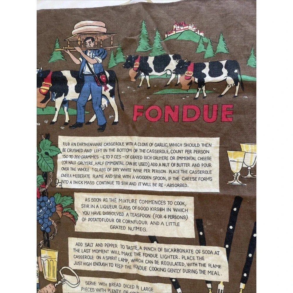Vintage Recipe Fondue Tea Towel Linen European Kreier Swiss German Kitchen Dish
